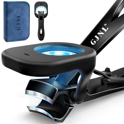 GJNL LED Nail Clippers for Men & Women - Black, Heavy-Duty, Wide-Opening, with Light