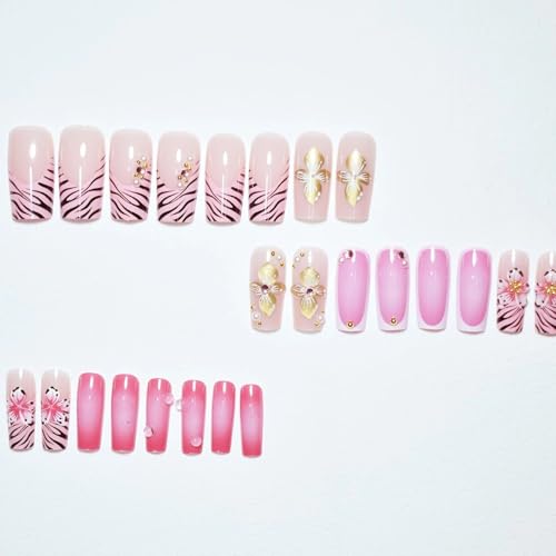 Pink Long Square Press On Nails with 3D Flower Design - 24pcs