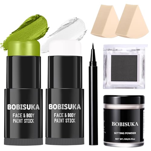 BOBISUKA Light Green & White Face & Body Paint Stick Kit with Black Eyeshadow, Eyeliner & Sponges - Halloween Cosplay Makeup Set