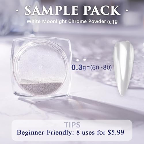 Pretty Diva White Moonlight Chrome Nails Powder 0.3g - Mirror Effect for Gel Manicure, Beginner-Friendly