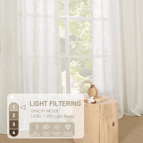 Linen Curtains for Kitchen Windows, Cream Ivory - 34x40 Inches, 2 Panels with Bronze Grommets