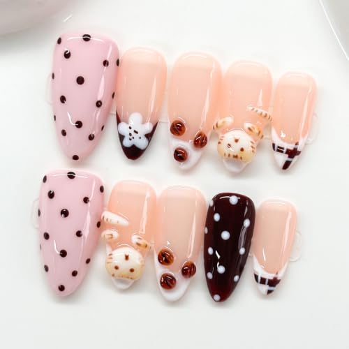 RIICFDD 3D Handcrafted Almond Press-On Nails with Floral Art, French Tips, Reusable