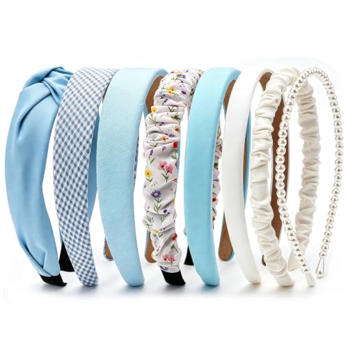 obeoby 8-Pack Blue Plaid Headbands for Women & Girls - Retro Hair Accessories, Bachelorette & Pool Party Style (Blue Series)