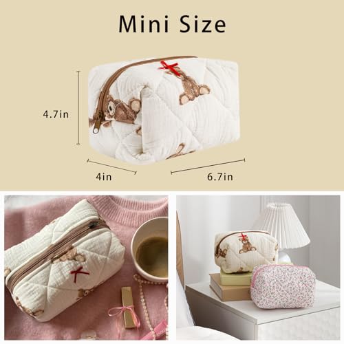 Cute Quilted Cotton Makeup Bag - Small Travel Cosmetic Organizer with Bear & Flower Design