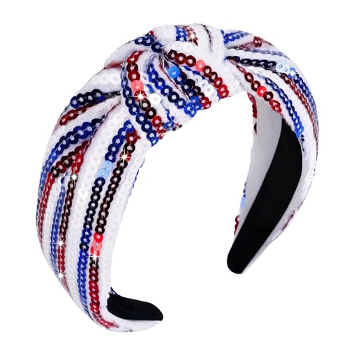 4th of July Patriotic Headband for Women Red White Blue Sequin Hair Accessory