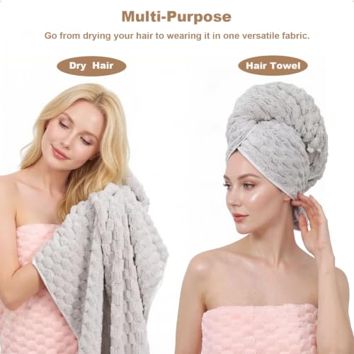 Super Absorbent Hair Towel 2-Pack: 24x42in Light Grey & Pink Microfiber Hair Wrap for Women