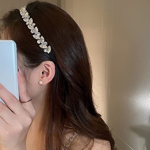 Rhinestone Flower Leaf Headband - Non-Slip Silver Glitter Hair Accessory