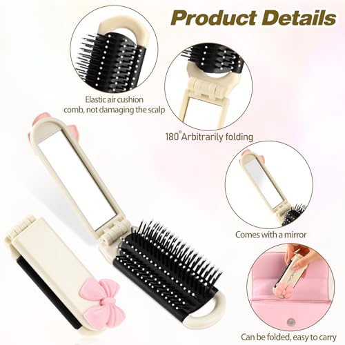 Folding Travel Hair Brush with Removable Mirror - Cream