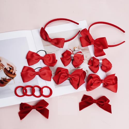 Red Hair Bow Accessories Set for Girls - 14 Pieces Hair Clips & Headbands