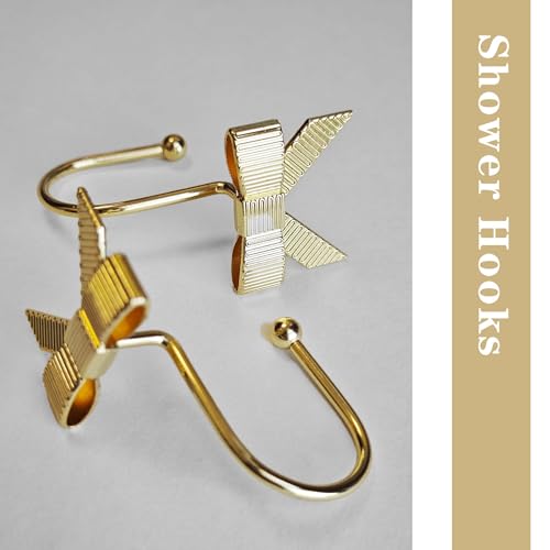 Gold Bow Shower Curtain Hooks - 12 Pack Rust Proof Metal Rings