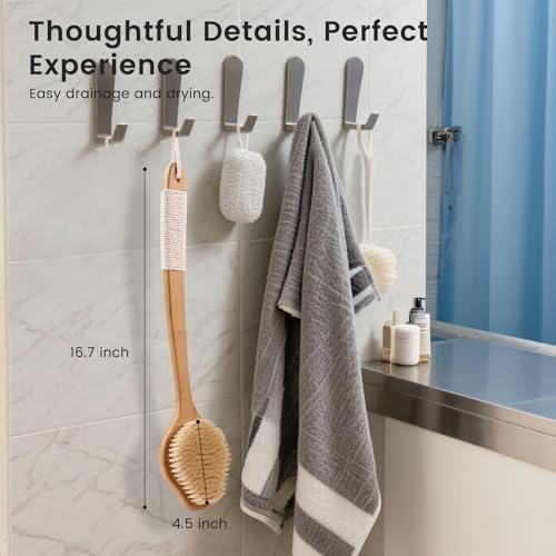 VWMYQ Bamboo Back Scrubber for Shower - 17in Curved Handle, Natural Boar Bristles, Anti-Slip Grip