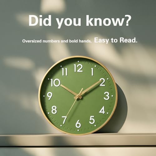 10 Inch Silent Wall Clock - Olive Green & Gold Modern Design