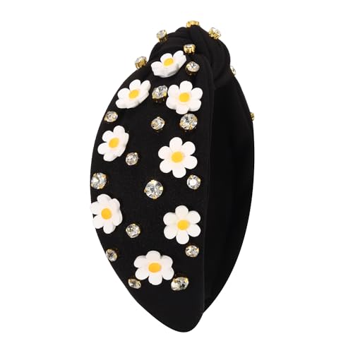 NVENF Flower B - Black Knit Floral Headband with Crystal Embellishments