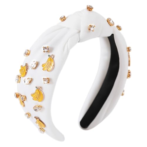 Banana White Headband for Women - Rhinestone Top Knot Hairband