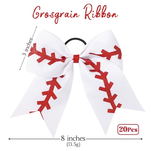 YHXX White Cheer Bows 8-Inch Large Baseball Hair Ties for Cheerleading — 20 Pack