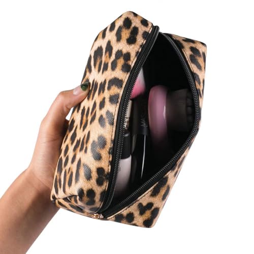Brown Leopard Print Leather Cosmetic Bags Set - Travel Makeup Organizer for Women