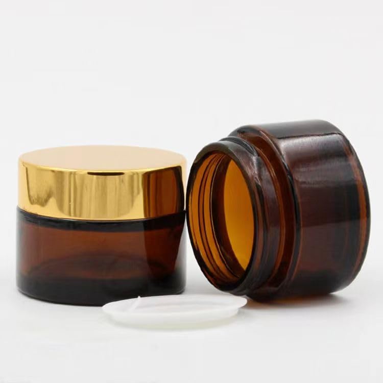 YORROR 2oz Amber Glass Cream Jar with Silver or Gold Lid - Travel-friendly, Refillable Cosmetic Container