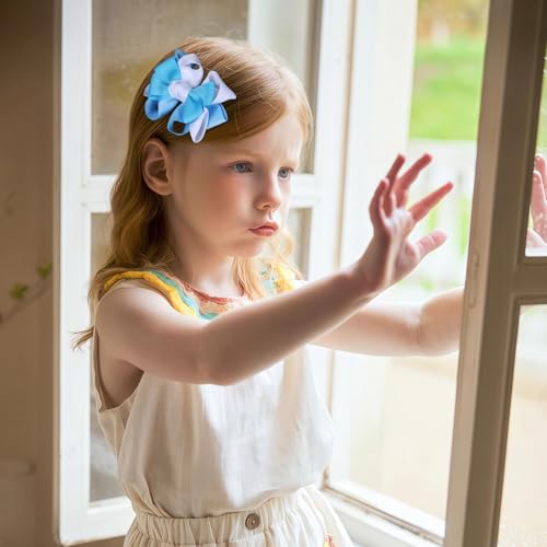 Blue & White Colorful Flower Hair Bow Clips 2.95 Inch Grosgrain Ribbon Hair Accessories for Girls - Handmade Cheer & School Style