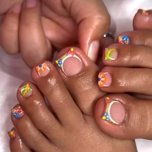 Flowers French Tip Short Square Press-On Toenails with Floral Design for Women