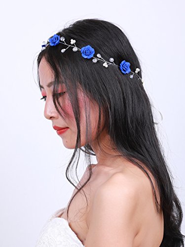 Missgrace Navy Blue Bridal Headband with Crystals & Silver Wire - Ivory & Blue Variations