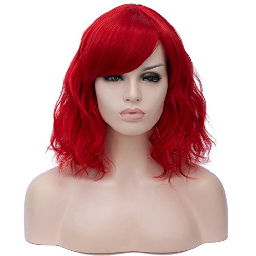 BUFASHION 14" Red Wavy Curly Wig with Bangs - Synthetic Cosplay Hair