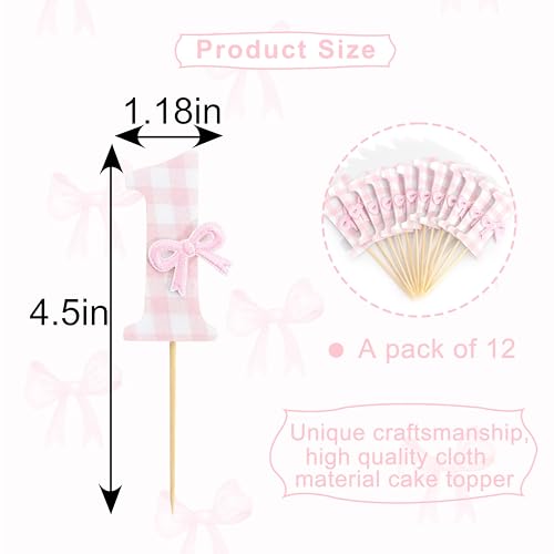12 Pcs Pink Bow Cupcake Toppers for 1st Birthday & Anniversary
