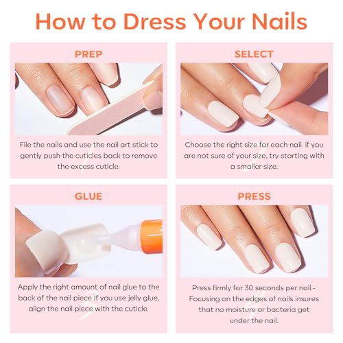 modelones French Tip Press On Nails, Short Oval Fake Nails Press Ons with Nail Glue, Adhesive Tabs, Nail File, Prep Pad, Manicure Stick, 32Pcs 16 Sizes, Nude, Spring Women Girl Gift