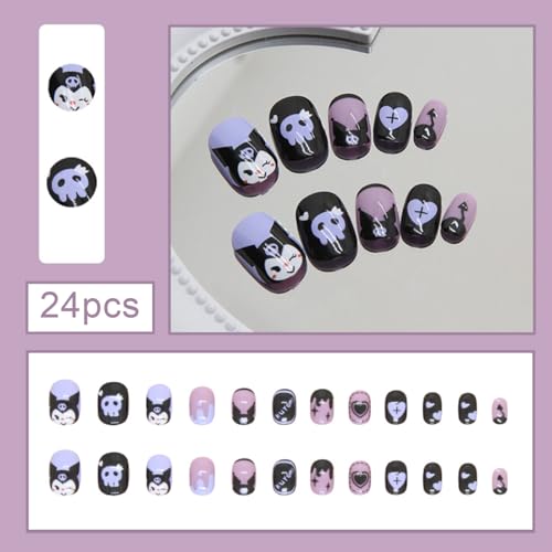24PCS Black Rabbit Short Press On Nails - Kawaii Anime Design
