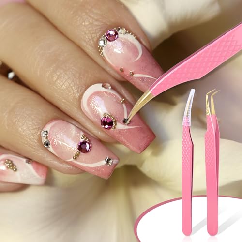 Eyelash Extension Tweezers 2 Pack - 90 Degree Microfiber Precision Lash Tweezers for Volume & Cluster Lashes, Pink
