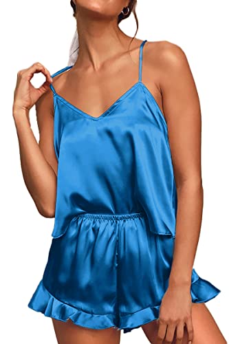 CHYRII Women's Silk Satin Ruffled Pajama Set - Cami & Shorts, Small, Teal
