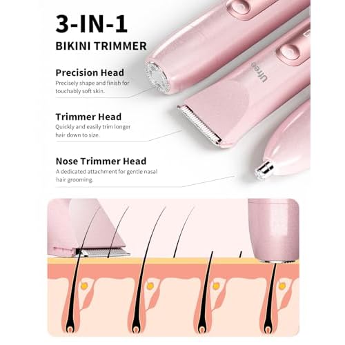 Ufree Bikini Trimmer Women Electric Razors Dual Head, Pubic Body Hair Trimmer Electric Shaver for Face, Legs, Arm, Rechargeable Lady Shaver Waterproof, Summer Grooming Kit