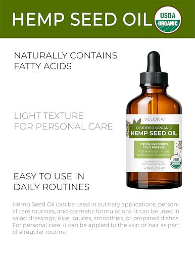 Velona USDA Organic Hemp Seed Oil - Cold Pressed 4 fl oz with Dropper, Natural Skin & Culinary Oil