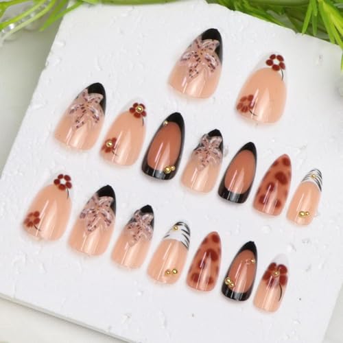BDKAIWU 3D Flower Black Nude White Brown Short Press On Nails Fake Tips with Gold Pearl & French Design, 24 Pcs