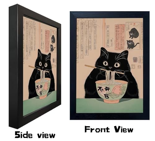 Framed Black Cat Canvas Wall Art - Whimsical Ramen Painting 10x8in