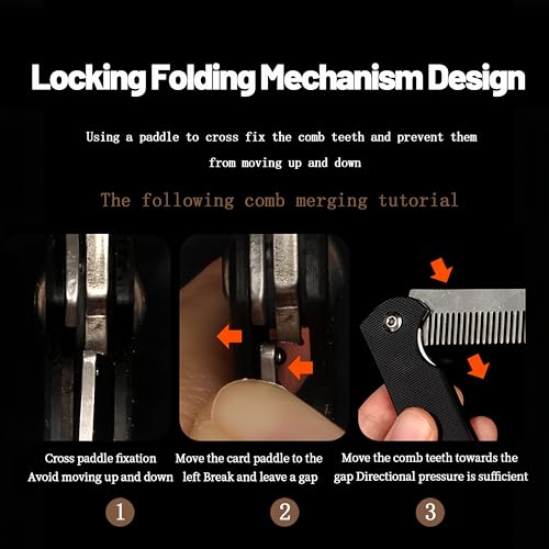 MenGate Black Folding Pocket Beard Comb with G10 Handle, Locking Design