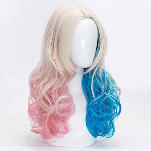 FALAMKA Long Curly Blonde Wig with Blue and Pink Highlights for Cosplay