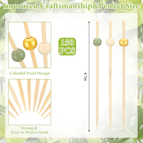FoldTier 150 Pcs Bamboo Cocktail Picks - 4.7" Sage Green Party Skewers