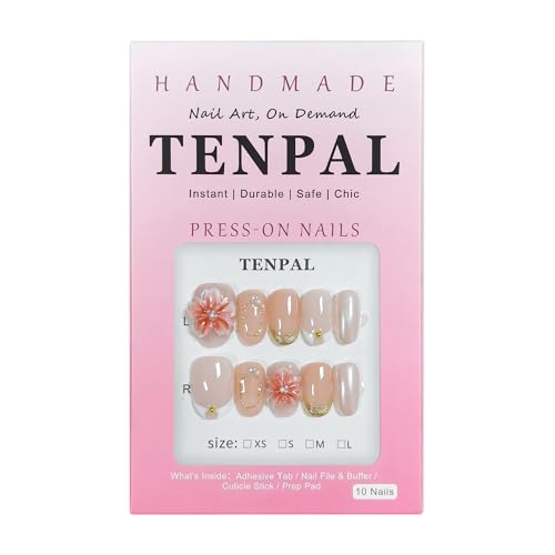 Short Oval Press on Nails - Nude Pink with 3D Floral Embellishments (S)