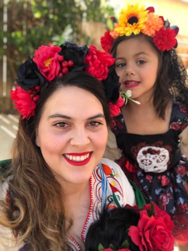 Day of the Dead Rose Flower Crown Headband - Red and Black Floral Headpiece