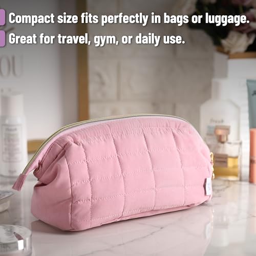 Aesthetic Quilted Makeup Bag for Women - Pink Cosmetic Pouch