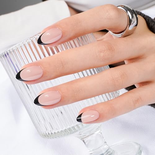 Canvalite Black French Tip Reusable Press On Nails - Short Almond Fake Nails with Glue & Remover, Manicure Kit for Women