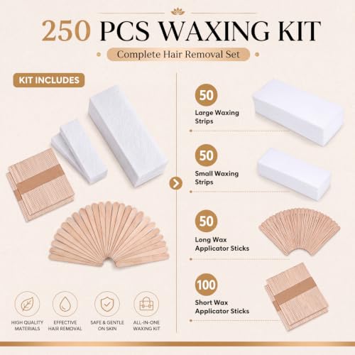 Yaomiao White Waxing Strips & Wooden Applicators Kit for Hair Removal - 250 Pieces