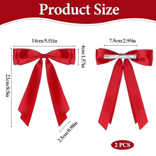 Red Satin Hair Bow Clips 2 Pack Large Hair Accessories for Women & Girls