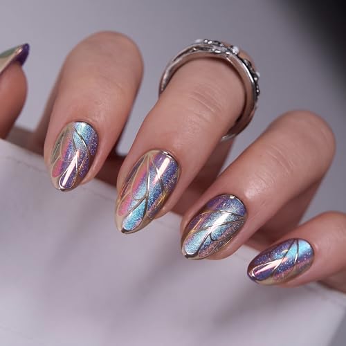 CurvLife Aurora Wings Blue Medium Almond Press On Nails - Soft Gel, Long-Lasting, Reusable Kit