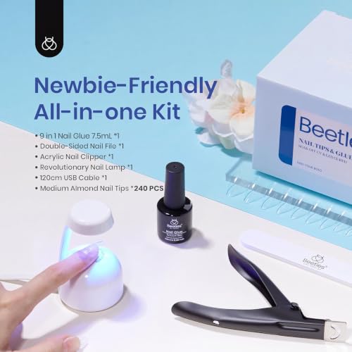 Beetles Gel Nail Tips & Extension Kit - Clear Almond Medium 240pcs with UV Lamp