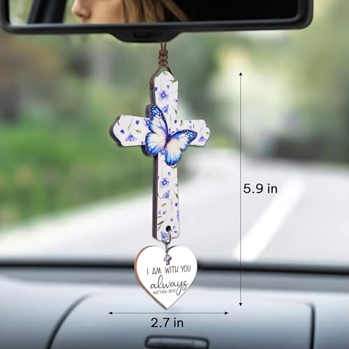 Christian Cross Car Mirror Charm with Blue Rose Butterfly