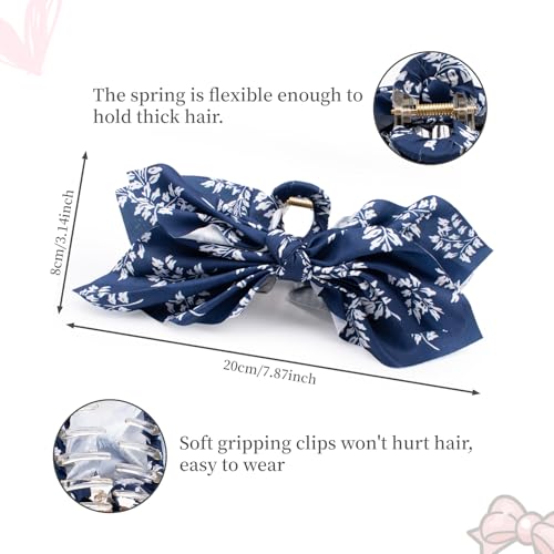 Hadutrek Bow Claw Clips 2PC White Paisley + Blue Floral – Satin Large Hair Clips for Women (Variation: 2PC-White Paisley+-Blue Floral)
