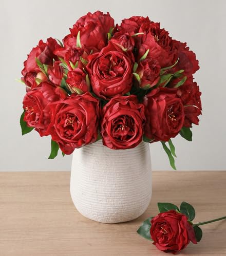 Bright Red Austin Rose Silk Flowers - 13 Branches for Wedding & Decor