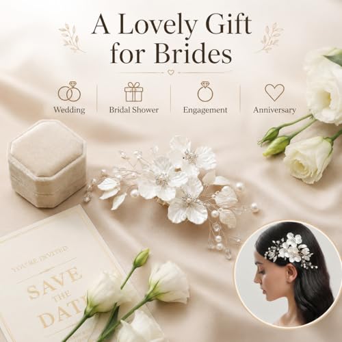 CASOLVX White Pearl Flower Bridal Hair Clip with Rhinestone Silver Leaves