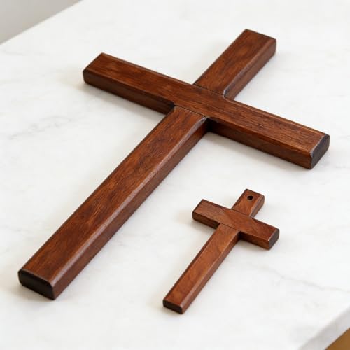 Allyix Wooden Cross Wall Decor Set - Large & Small with Lanyard